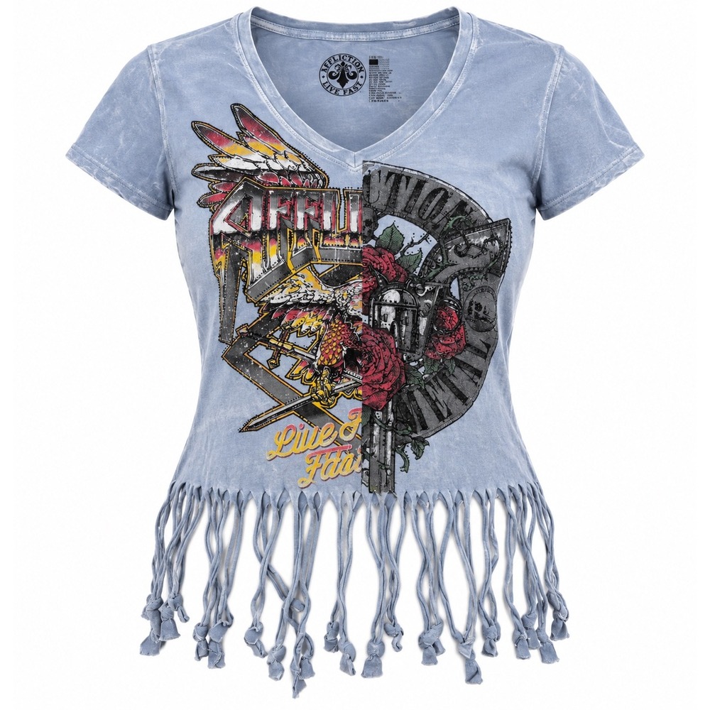 Affliction Live Fast Womens Small Blue Graphic Tee Fringe Rhinestone Y2K